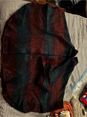 Striped Burgundy and Teal Poncho Shrug